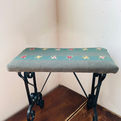 Spanish Styled Scroll Wrought Iron Bench with Needlepoint Cushion- Vintage