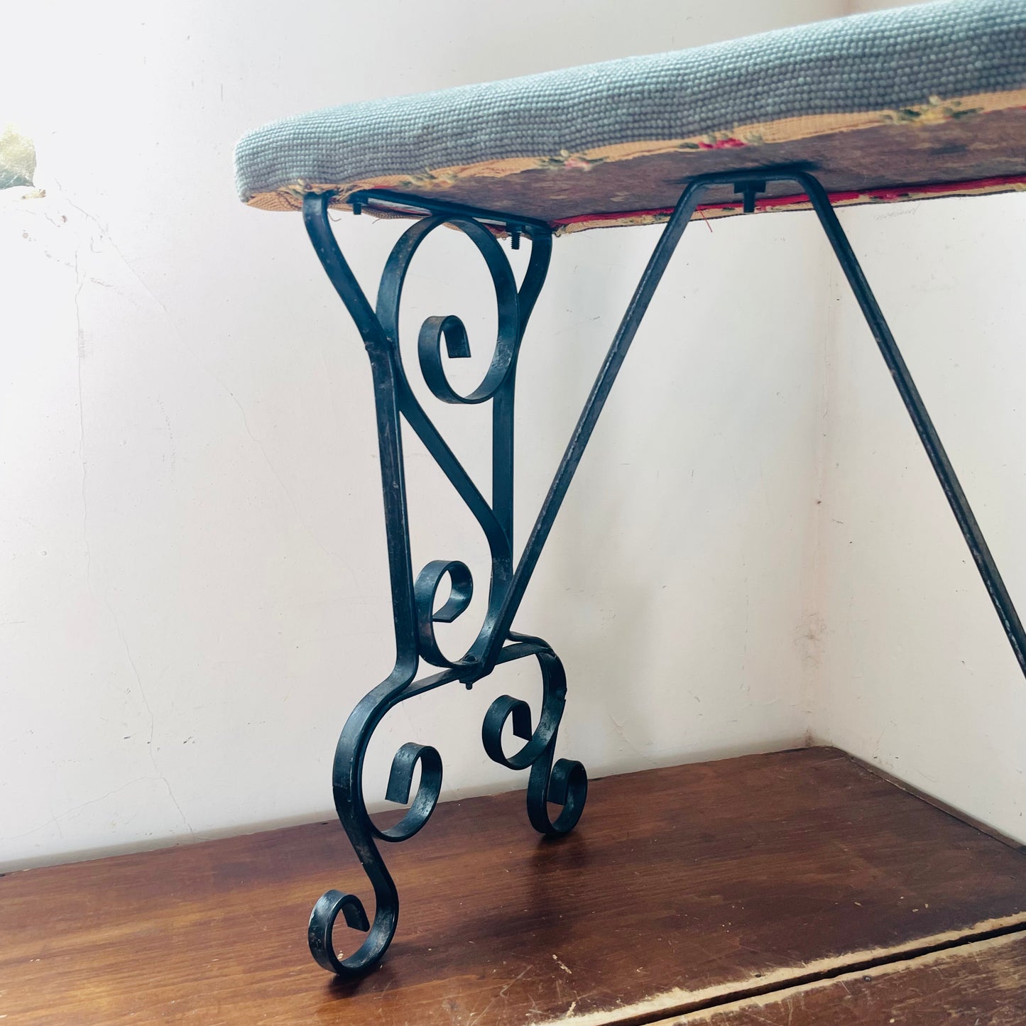 Spanish Styled Scroll Wrought Iron Bench with Needlepoint Cushion- Vintage