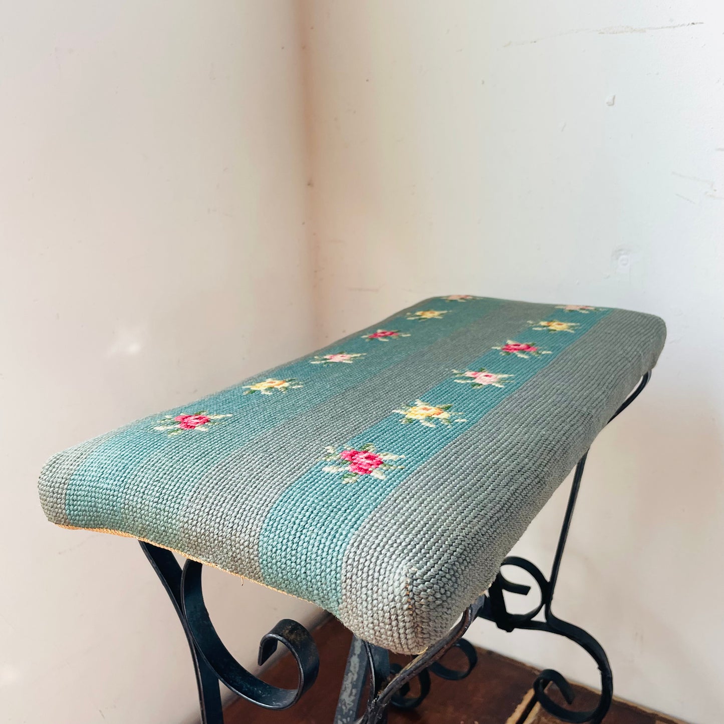 Spanish Styled Scroll Wrought Iron Bench with Needlepoint Cushion- Vintage