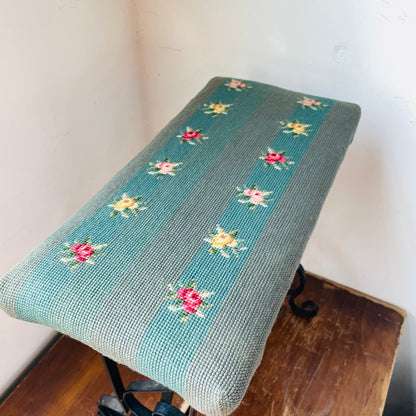 Spanish Styled Scroll Wrought Iron Bench with Needlepoint Cushion- Vintage