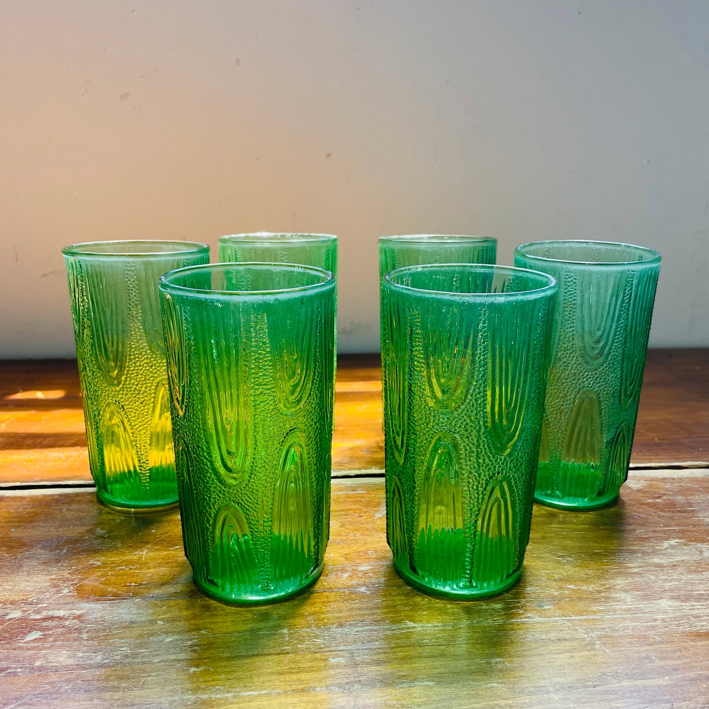 Green Anchor Hocking Textured Drinking Glasses- Set of 6- Vintage