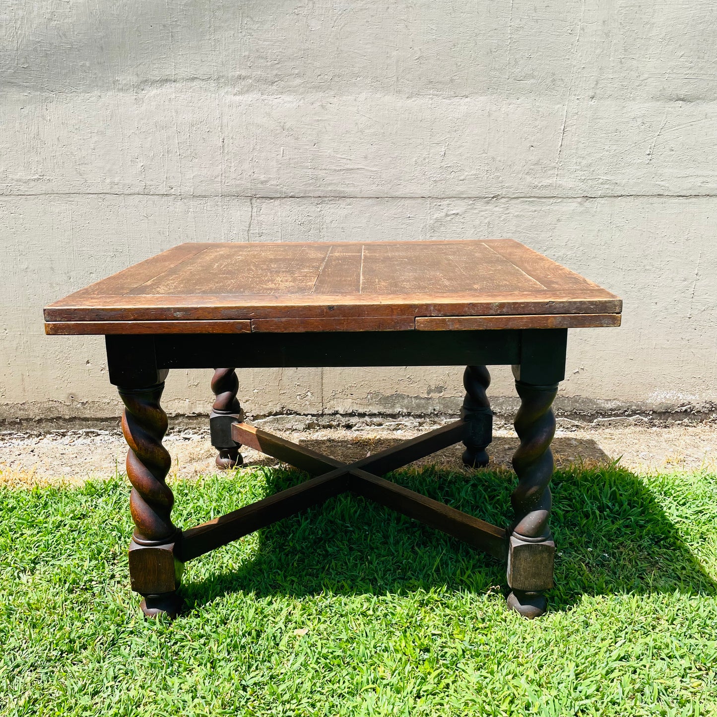 Jacobean Revival Oak Barley Twist Draw-Leaf Table- Vintage