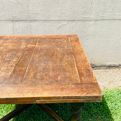 Jacobean Revival Oak Barley Twist Draw-Leaf Table- Vintage