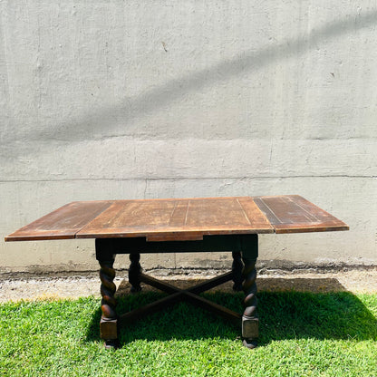 Jacobean Revival Oak Barley Twist Draw-Leaf Table- Vintage