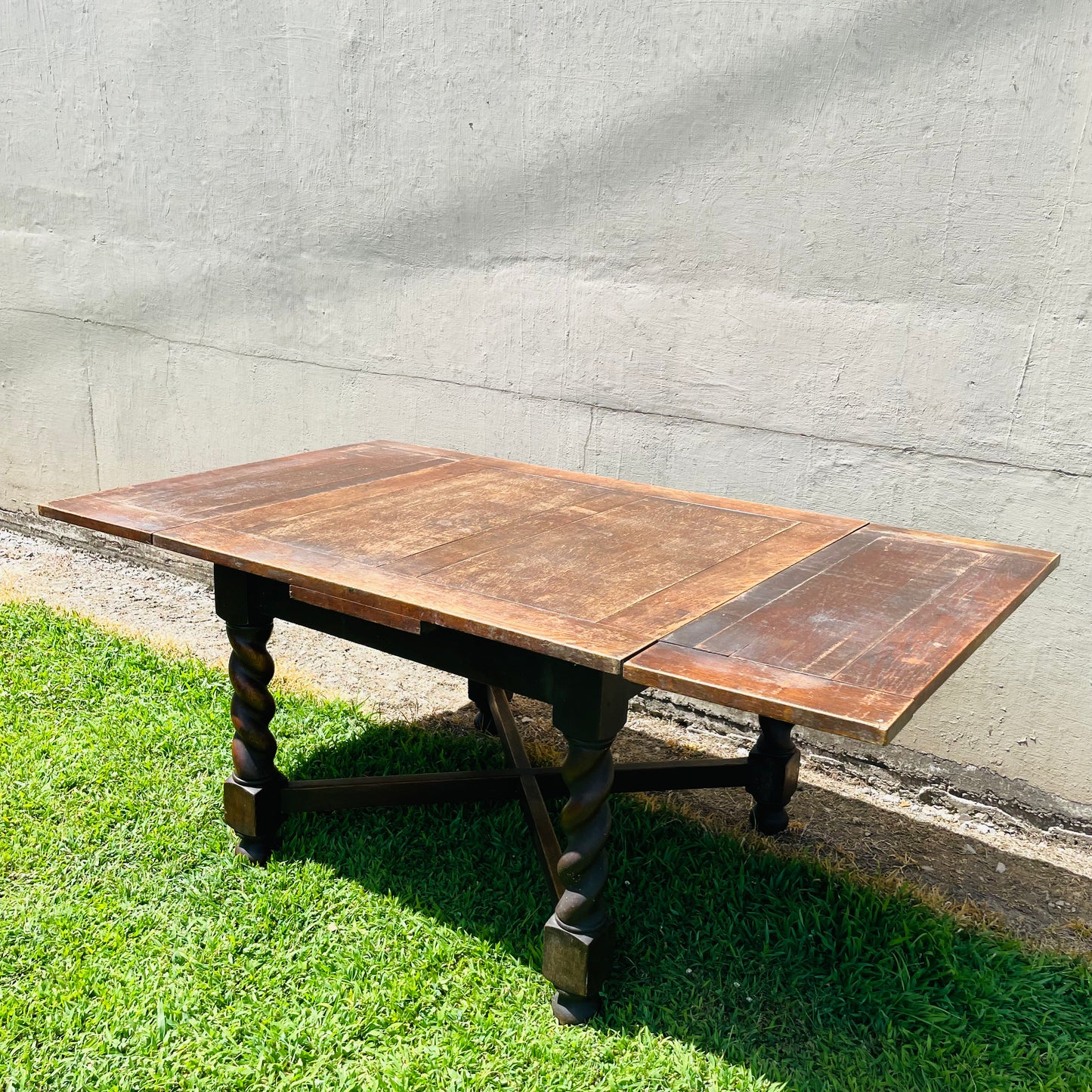 Jacobean Revival Oak Barley Twist Draw-Leaf Table- Vintage
