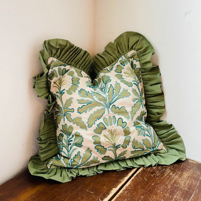 Magpie Green Square Ruffled & Embroidered Pillow