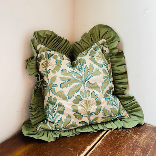 Magpie Green Square Ruffled & Embroidered Pillow