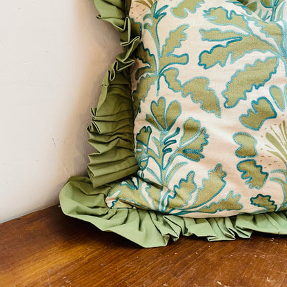 Magpie Green Square Ruffled & Embroidered Pillow