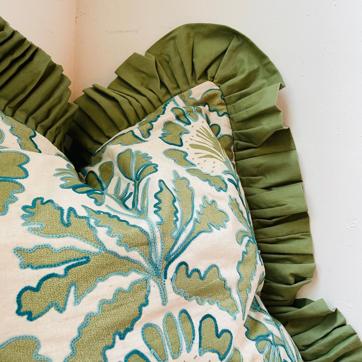 Magpie Green Square Ruffled & Embroidered Pillow