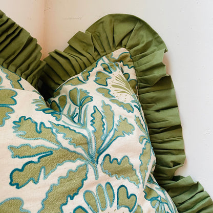 Magpie Green Square Ruffled & Embroidered Pillow