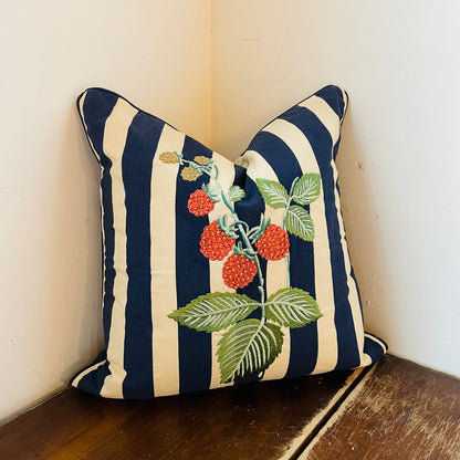 Raspberries Navy Stripe 18"x18" Pillow