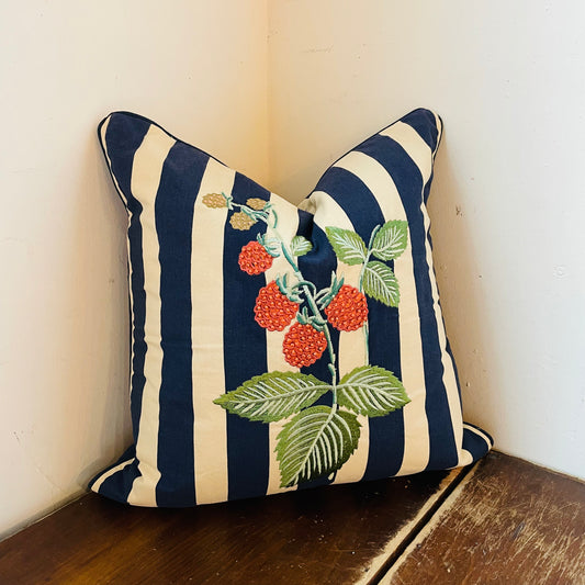 Raspberries Navy Stripe 18"x18" Pillow