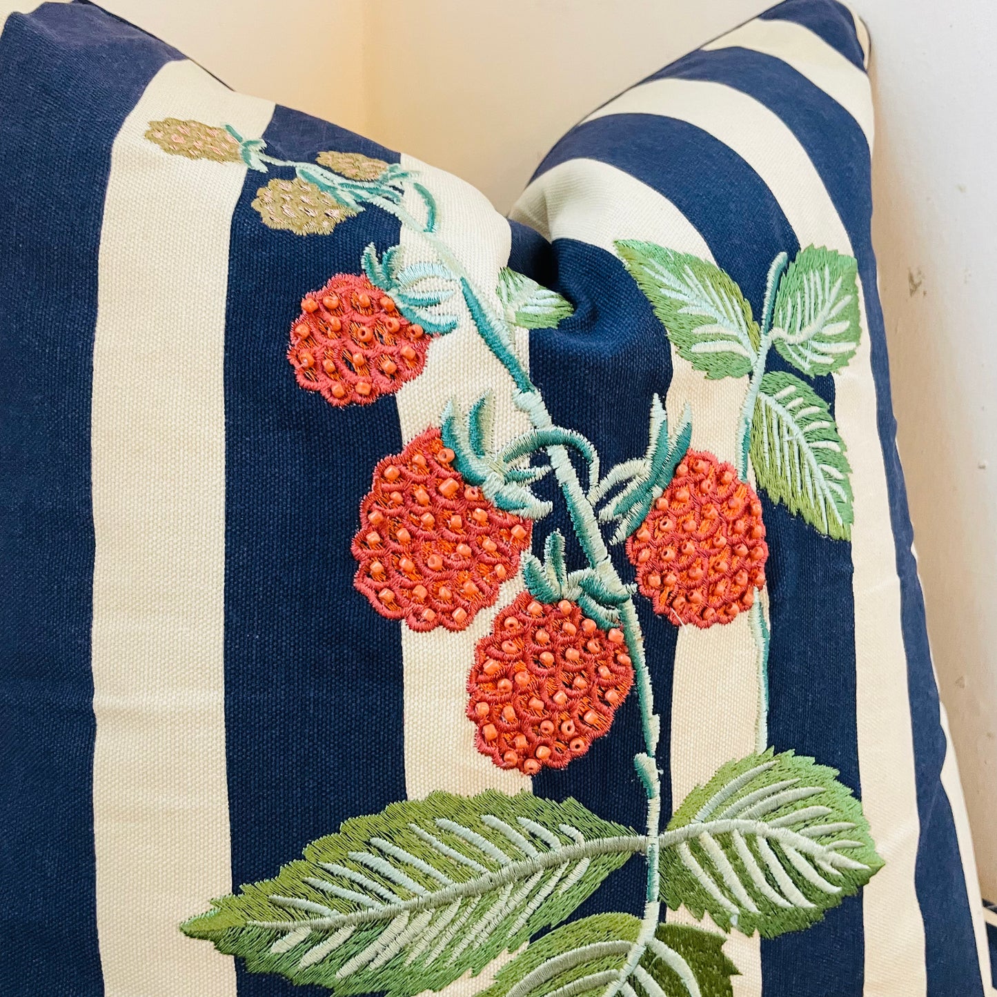 Raspberries Navy Stripe 18"x18" Pillow