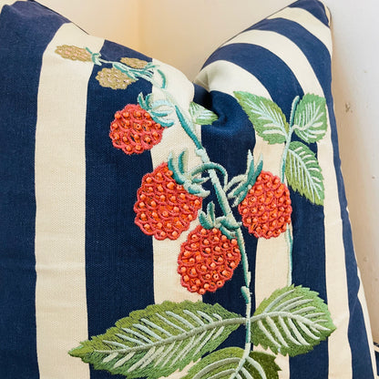 Raspberries Navy Stripe 18"x18" Pillow