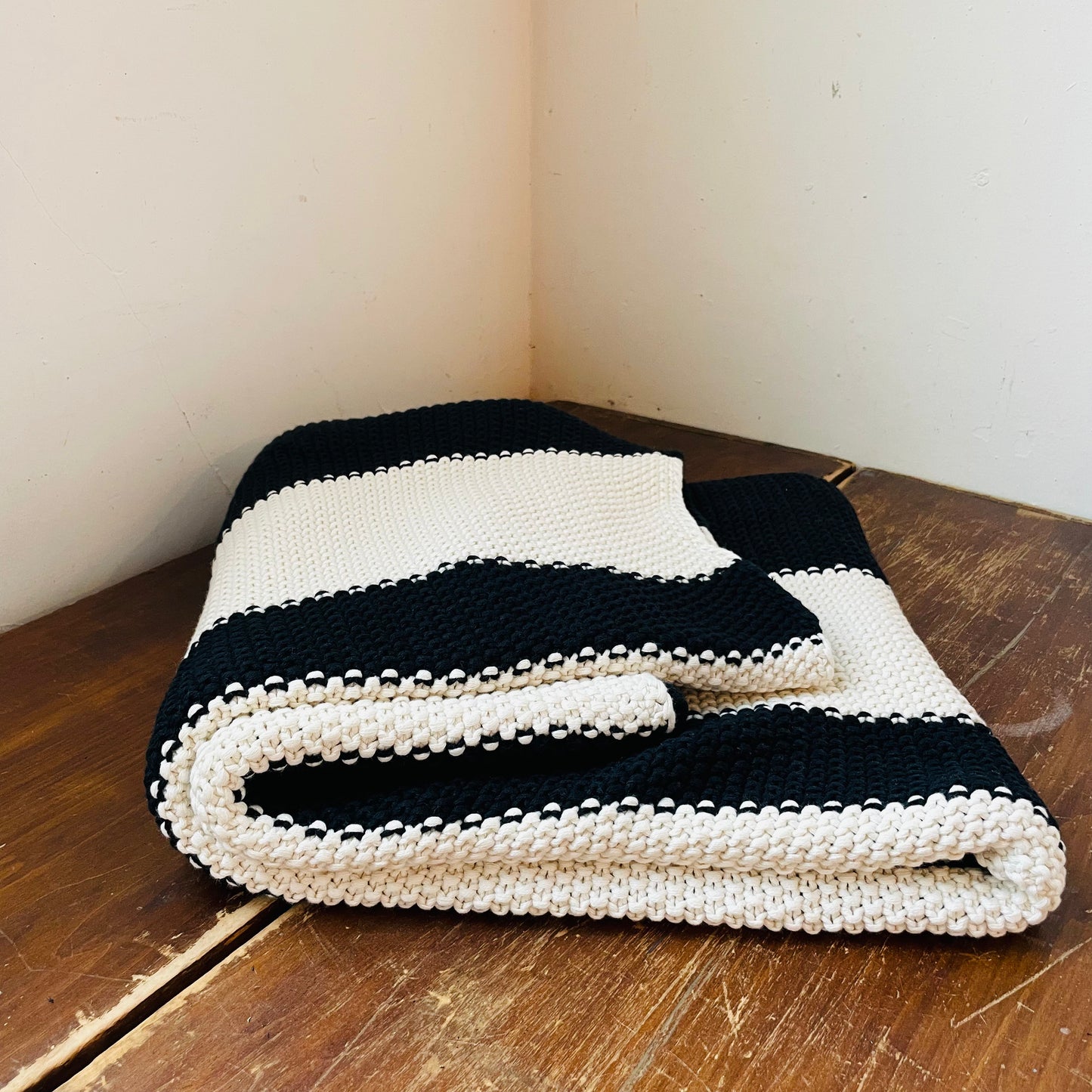 Cotton Knit Black & Cream Striped Throw