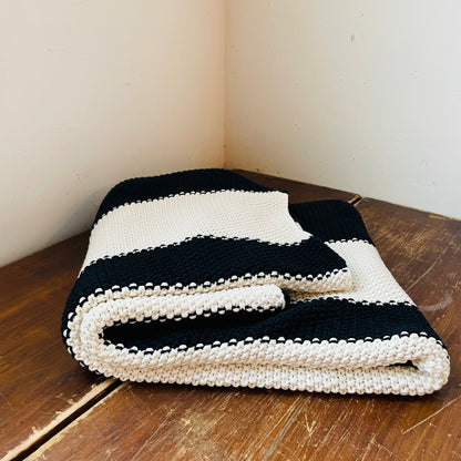 Cotton Knit Black & Cream Striped Throw