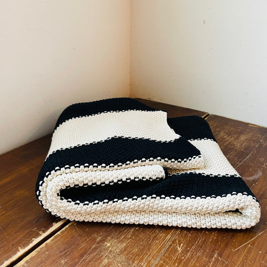 Cotton Knit Black & Cream Striped Throw