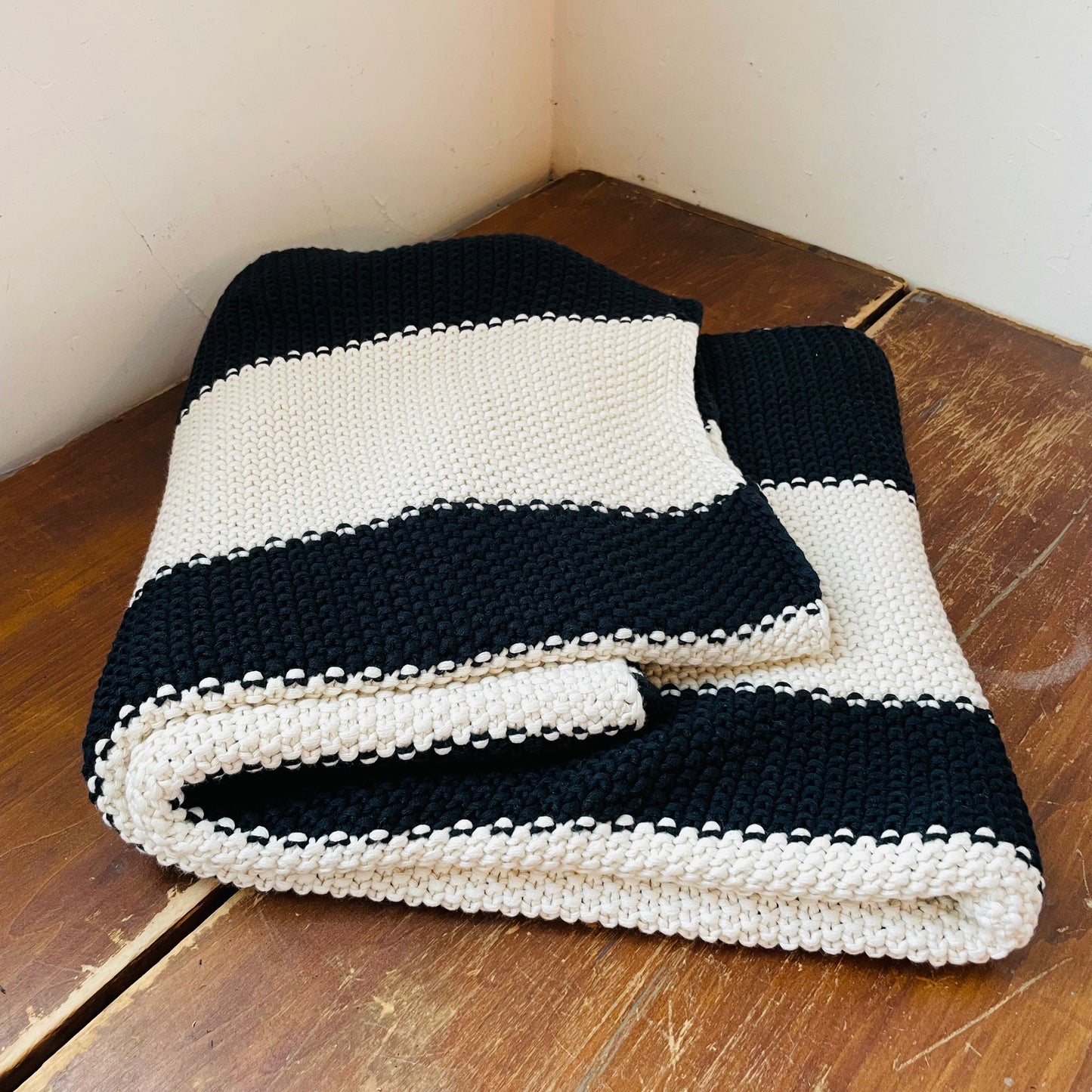 Cotton Knit Black & Cream Striped Throw