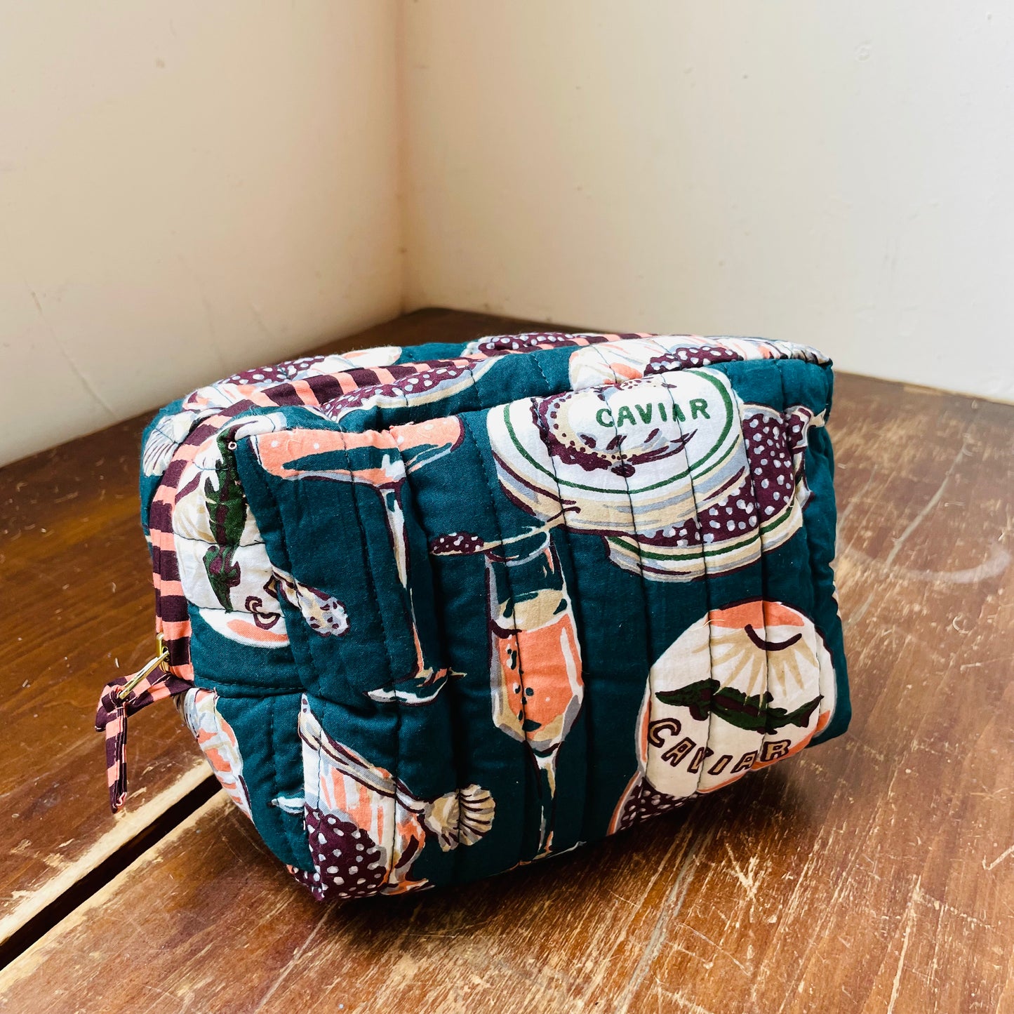 Peacock Feather Champagne & Caviar Quilted Pouch