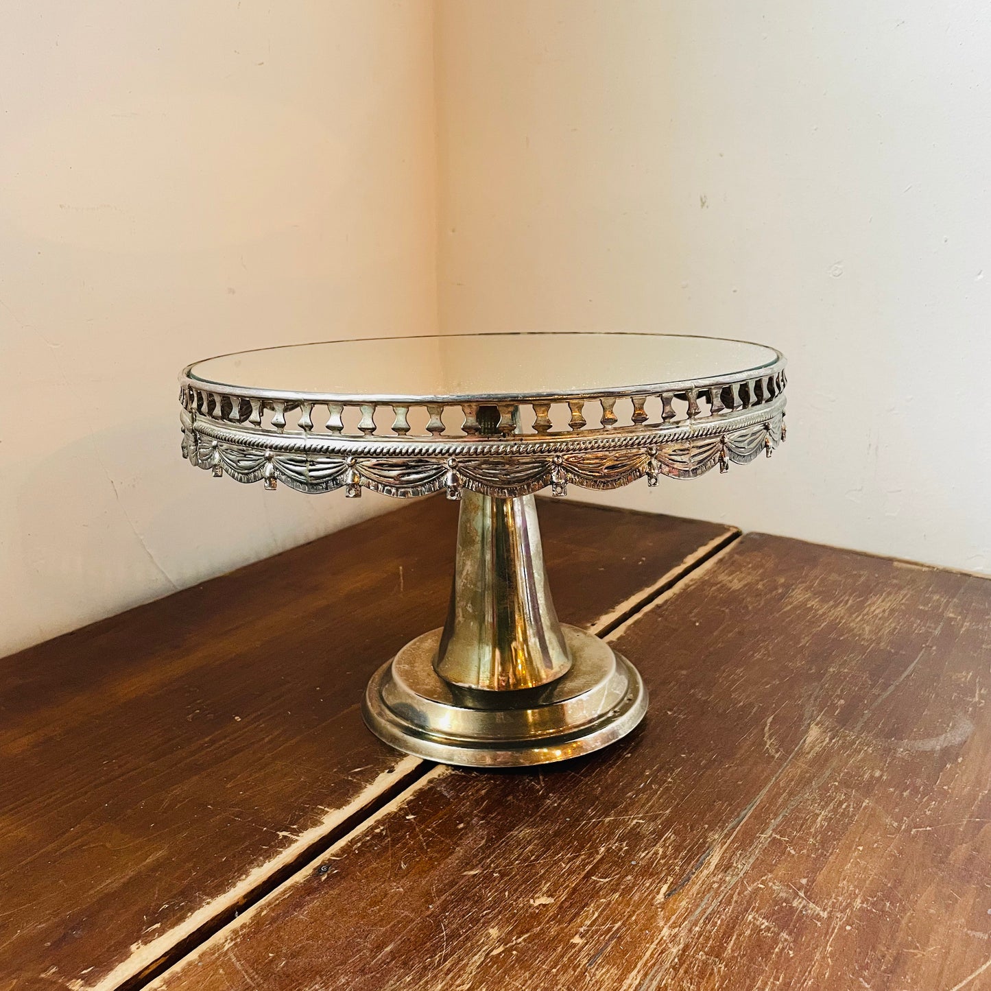 Silver-Plated Mirror Top Cake Stand- Vintage