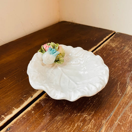 White Cabbage Leaf Bowl with 3D Flowers- Vintage