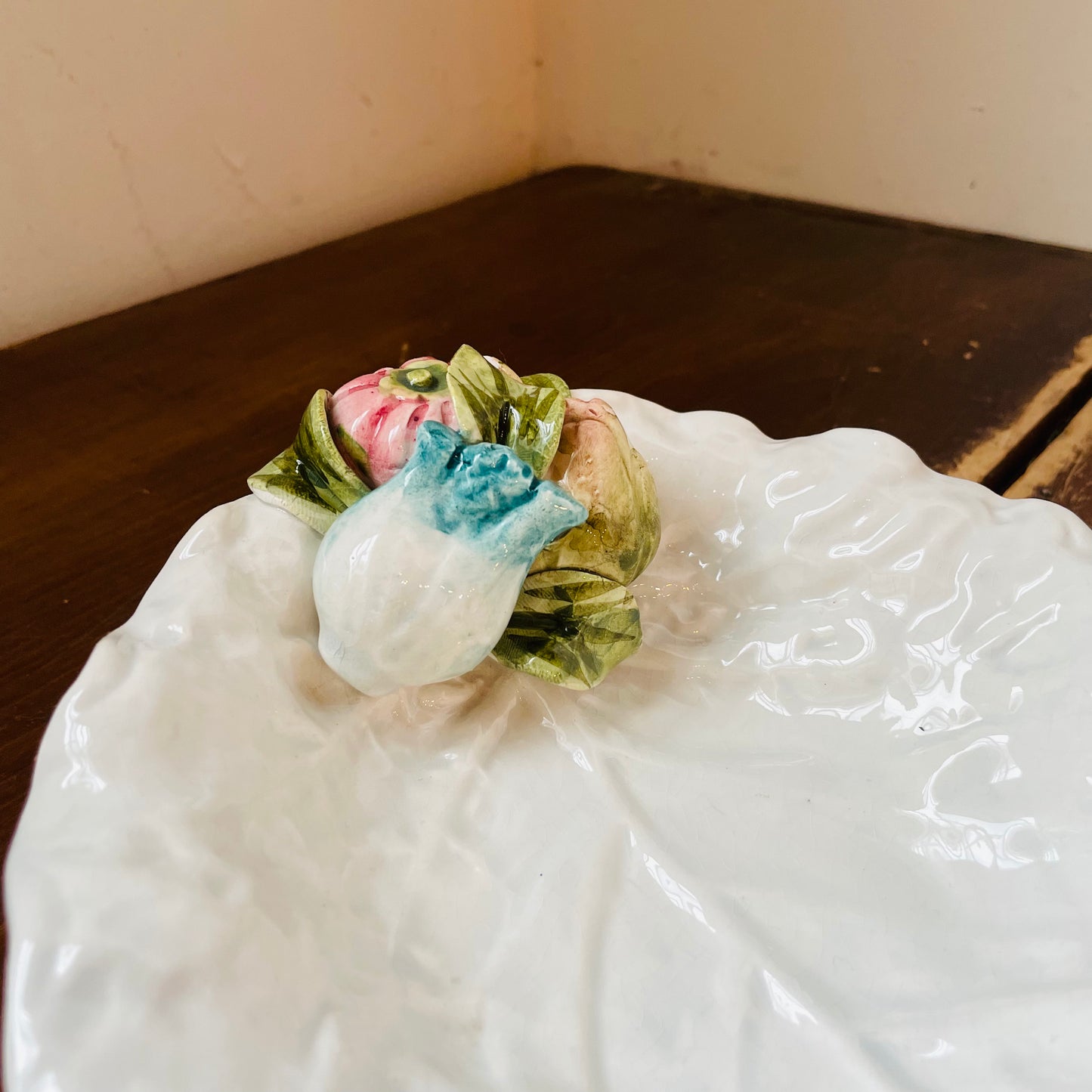 White Cabbage Leaf Bowl with 3D Flowers- Vintage
