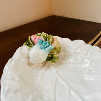 White Cabbage Leaf Bowl with 3D Flowers- Vintage