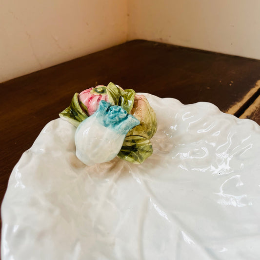 White Cabbage Leaf Bowl with 3D Flowers- Vintage