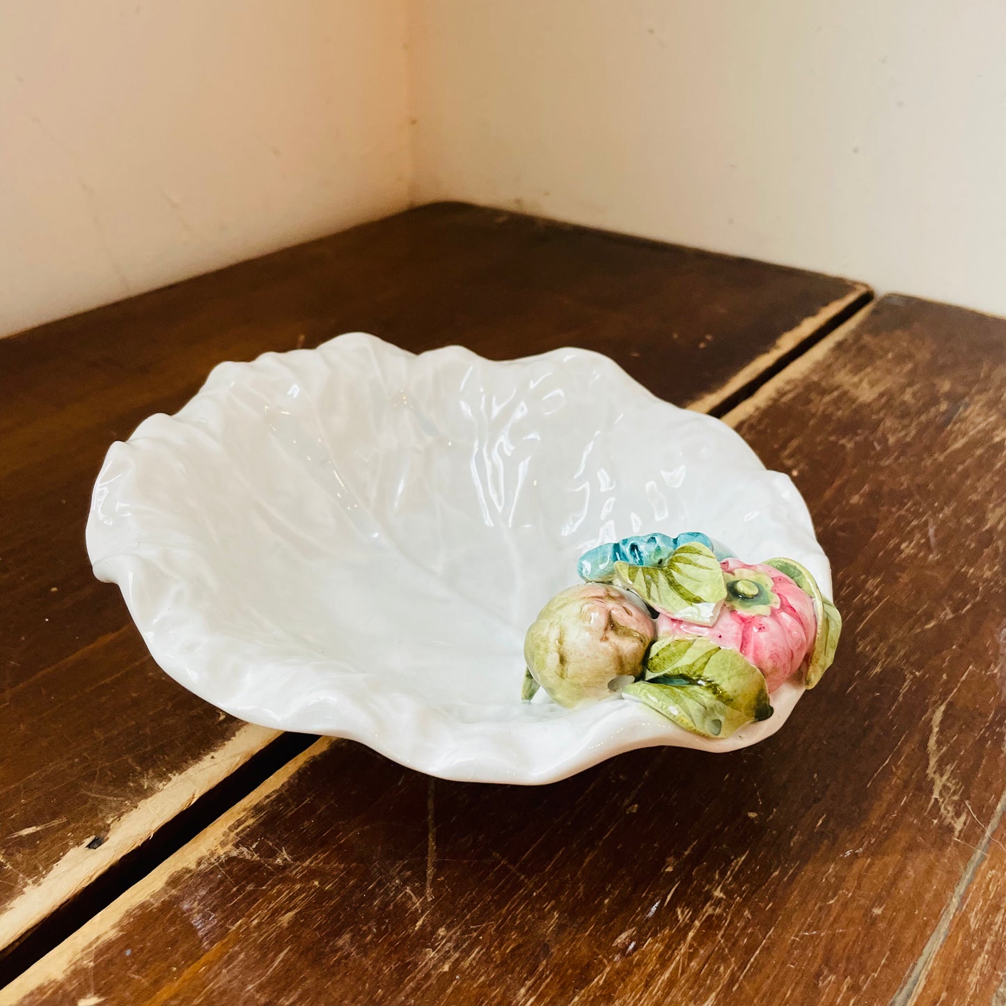 White Cabbage Leaf Bowl with 3D Flowers- Vintage
