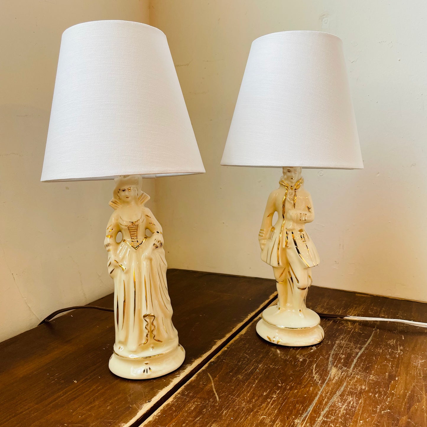 White with Gold Leaf Colonial Couple Lamps- Vintage