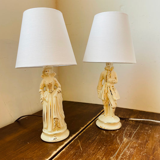 White with Gold Leaf Colonial Couple Lamps- Vintage