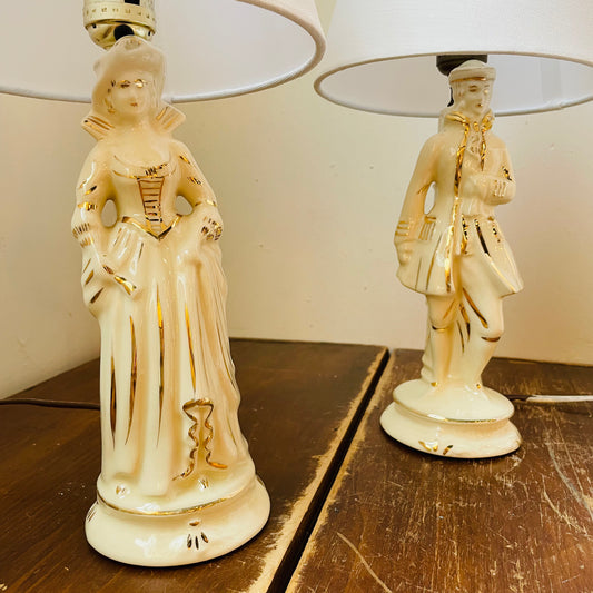 White with Gold Leaf Colonial Couple Lamps- Vintage