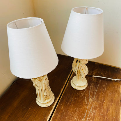 White with Gold Leaf Colonial Couple Lamps- Vintage