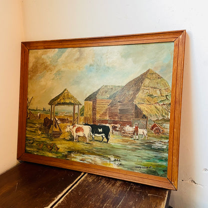 18th Century European Cattle Farm Framed Oil Painting on Board- Vintage
