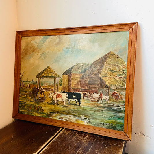 18th Century European Cattle Farm Framed Oil Painting on Board- Vintage