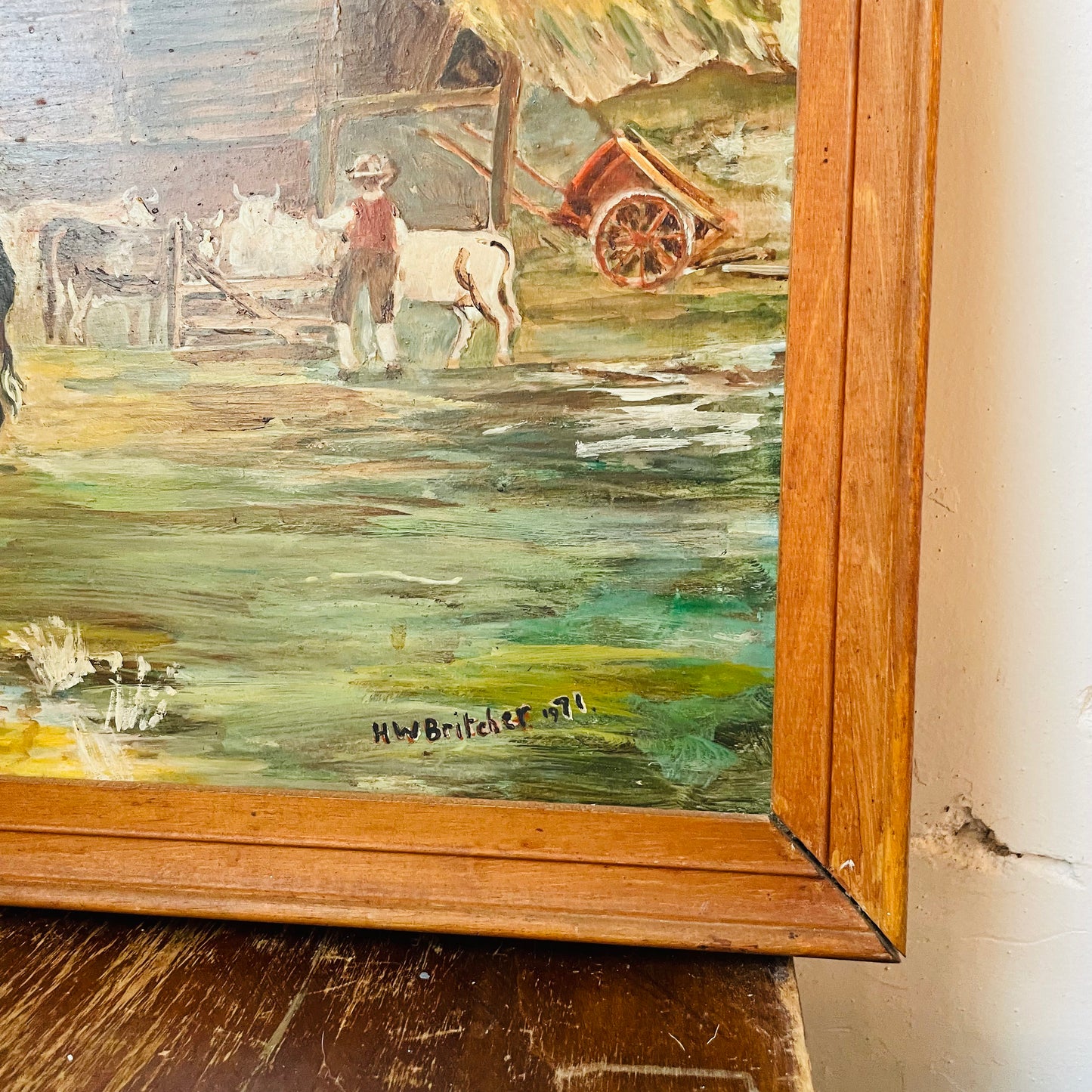 18th Century European Cattle Farm Framed Oil Painting on Board- Vintage