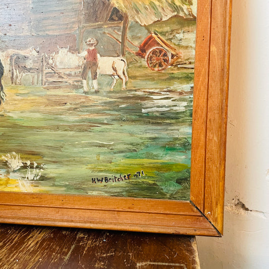 18th Century European Cattle Farm Framed Oil Painting on Board- Vintage