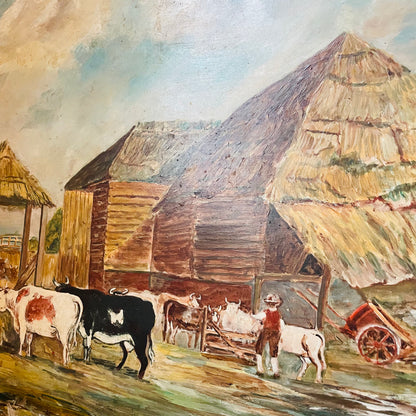 18th Century European Cattle Farm Framed Oil Painting on Board- Vintage