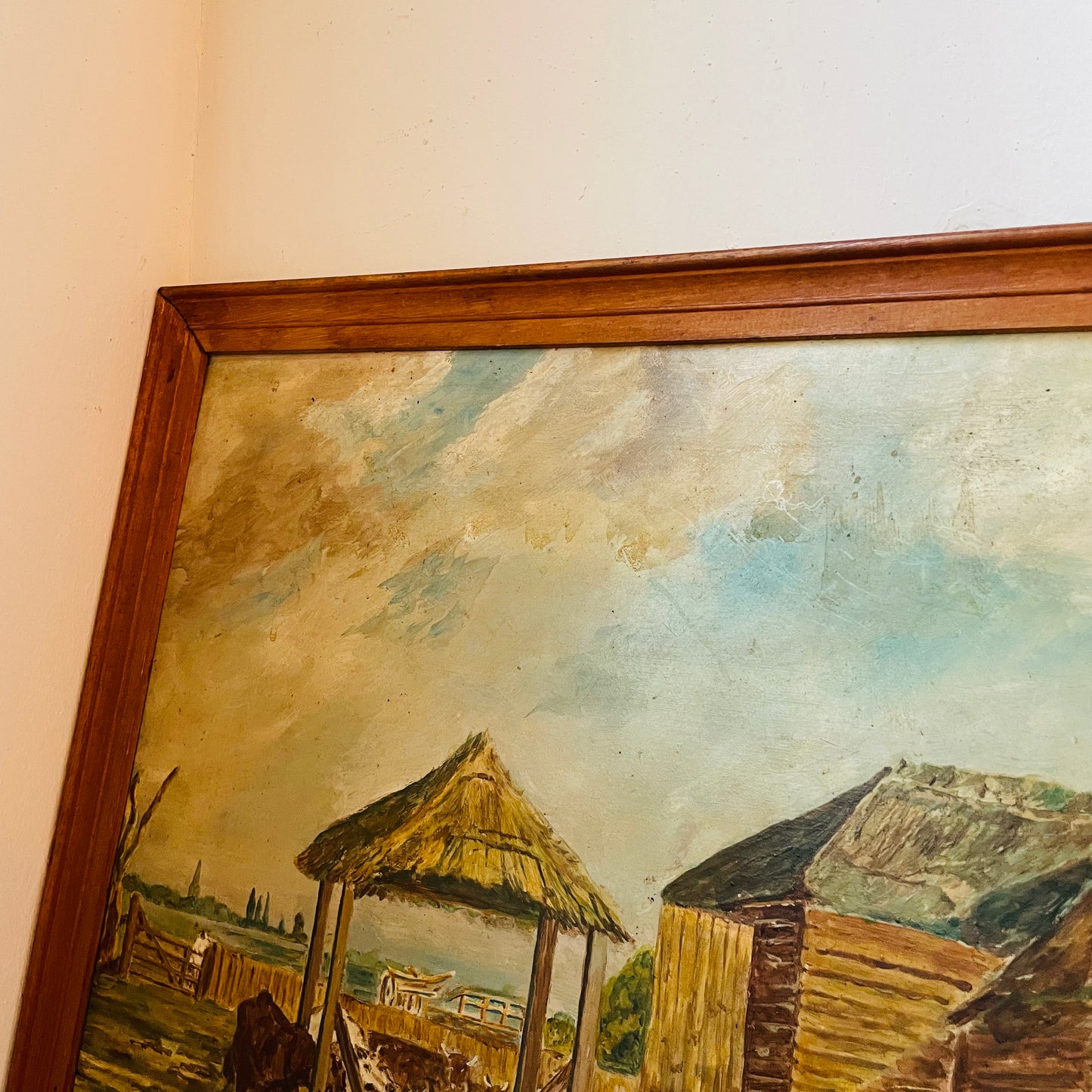 18th Century European Cattle Farm Framed Oil Painting on Board- Vintage