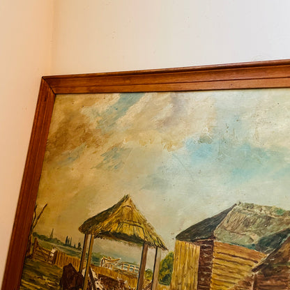 18th Century European Cattle Farm Framed Oil Painting on Board- Vintage