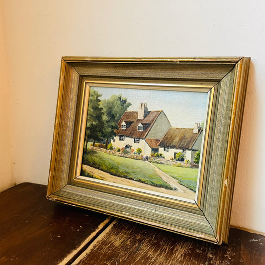 English Cottage Framed Oil Painting on Canvas- Vintage