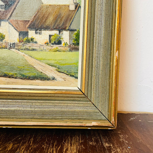 English Cottage Framed Oil Painting on Canvas- Vintage