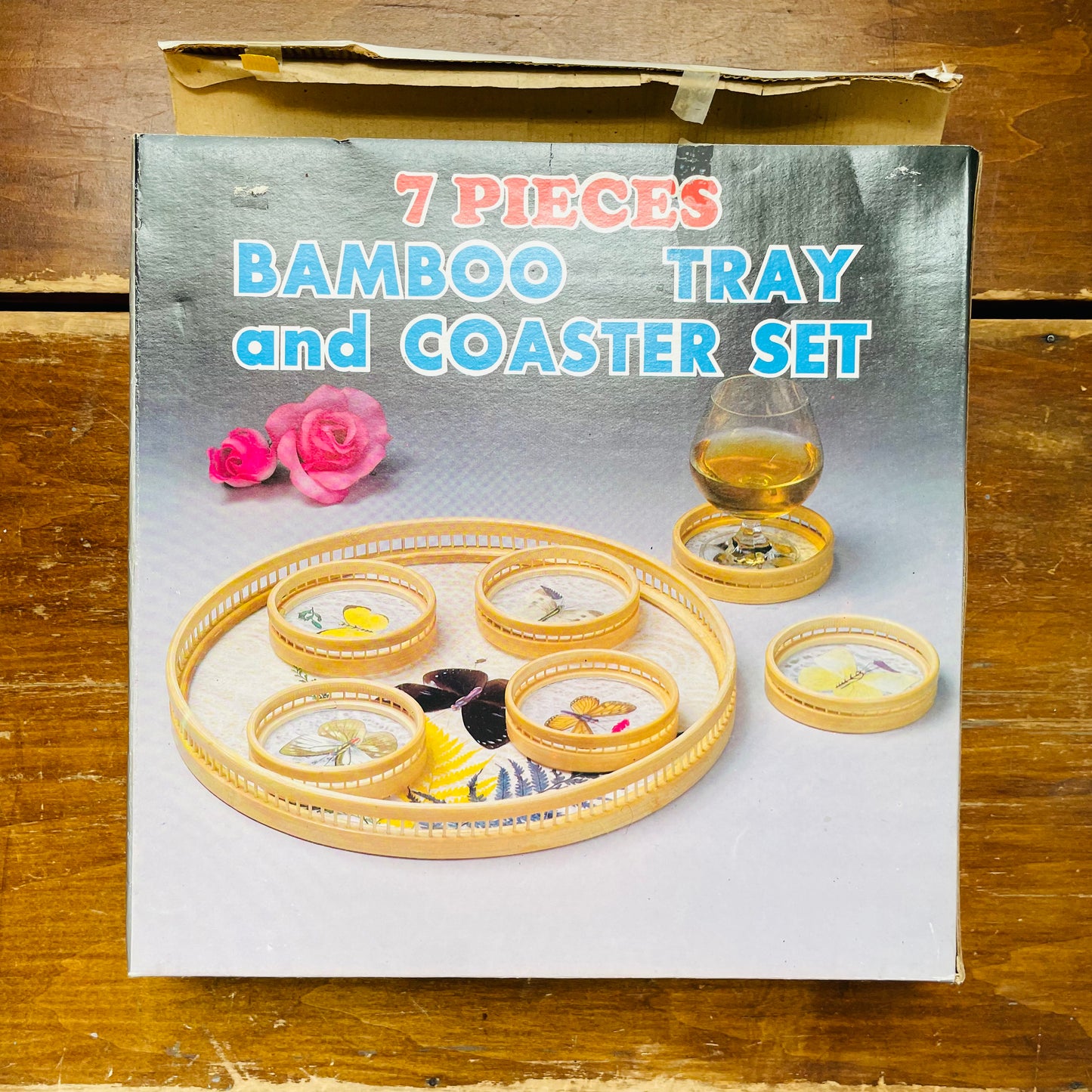 Bamboo Butterfly Tray & Coasters with Original Box- Vintage