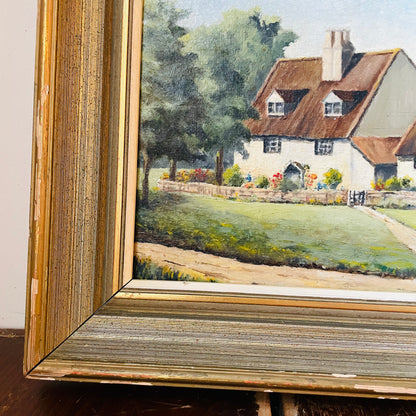 English Cottage Framed Oil Painting on Canvas- Vintage