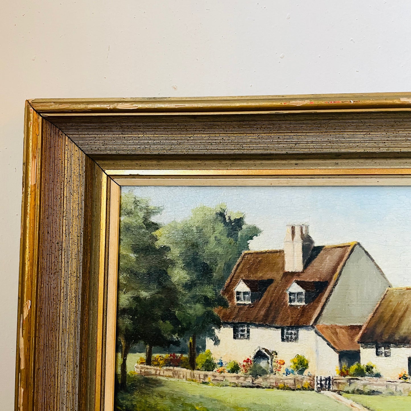 English Cottage Framed Oil Painting on Canvas- Vintage