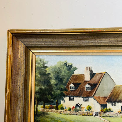 English Cottage Framed Oil Painting on Canvas- Vintage