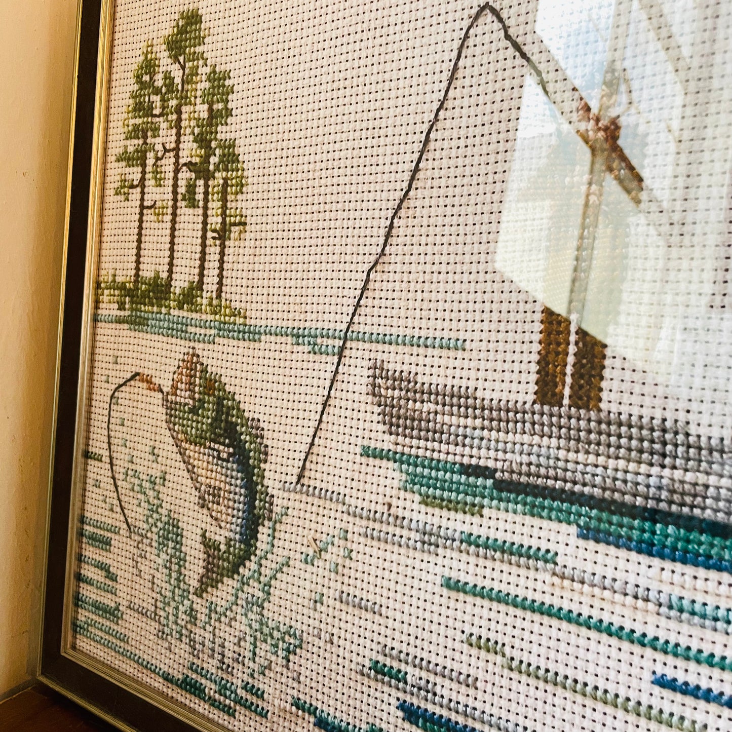 Fish On Cross-Stitch Framed Print