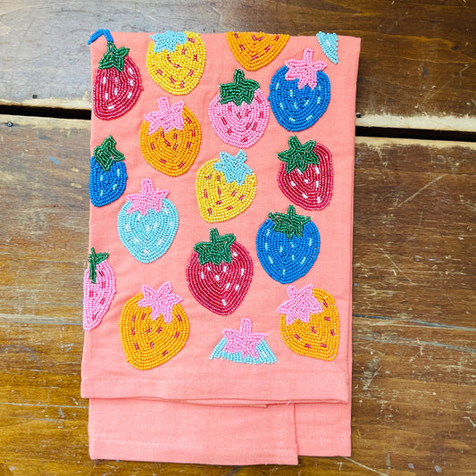 Strawberry Patch Beaded Tea Towel
