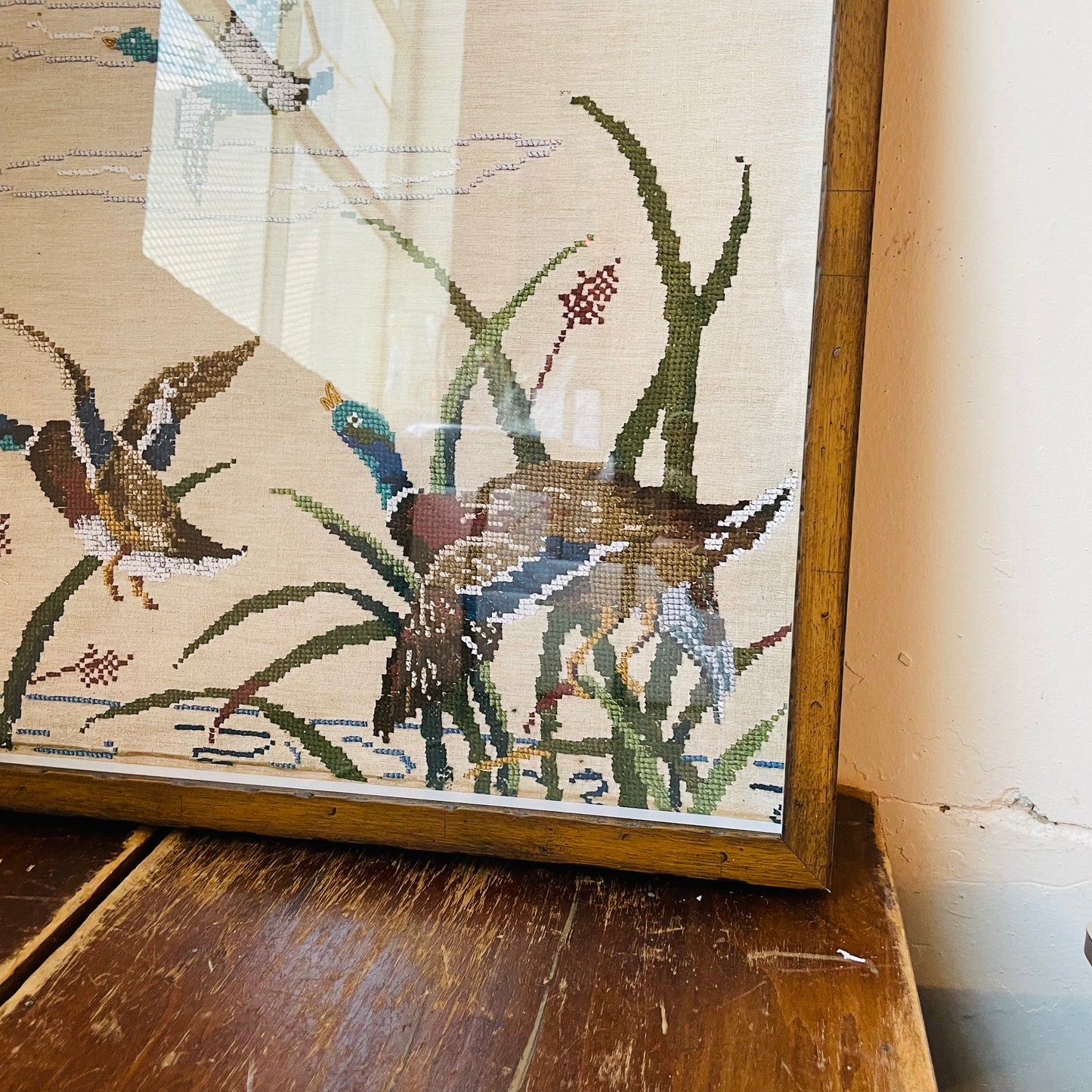 Framed Vintage Mallard Needlework Reproduction Print