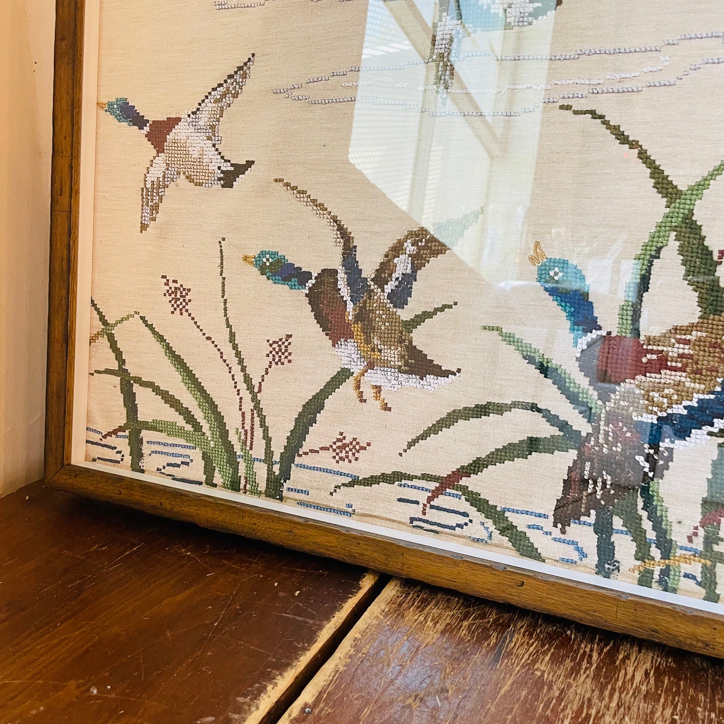 Framed Vintage Mallard Needlework Reproduction Print